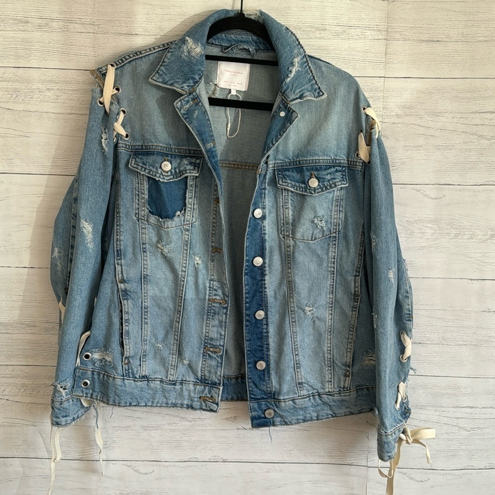 Zara Distressed Lace Up Denim Jacket | SIZE S